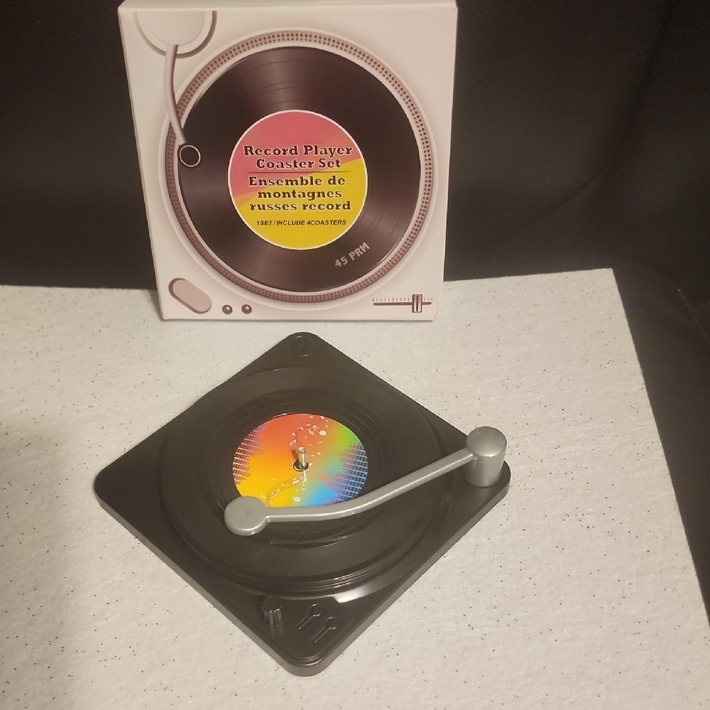 Record Player Coaster Set - Black with Colorful Label Center